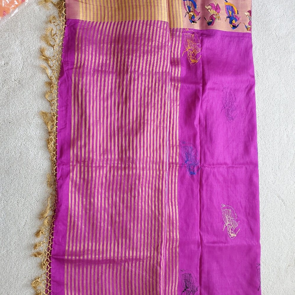 Purple synthetic silk saree